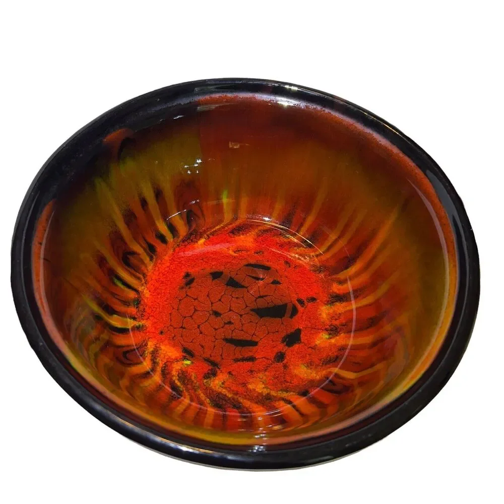Drip Glazed Pottery Bowl Large 9.5x4 Brown Trinket Jewelry Holder‎ Ribbed & Lid